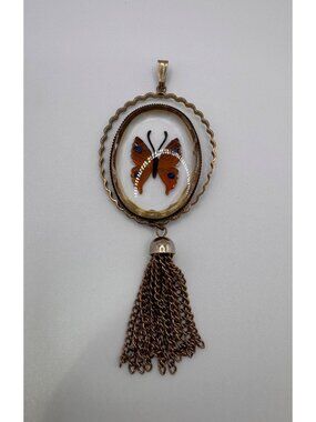 Vintage Intaglio Butterfly Glass Pendant Tassel Gold Tone Estate Hand Painted